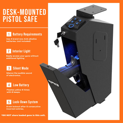 RPNB Mounted Gun Safe,California DOJ Certified Handgun Safe, Auto Open Lid Smart Pistol Safe with Biometric Fingerprint or Keypad Lock
