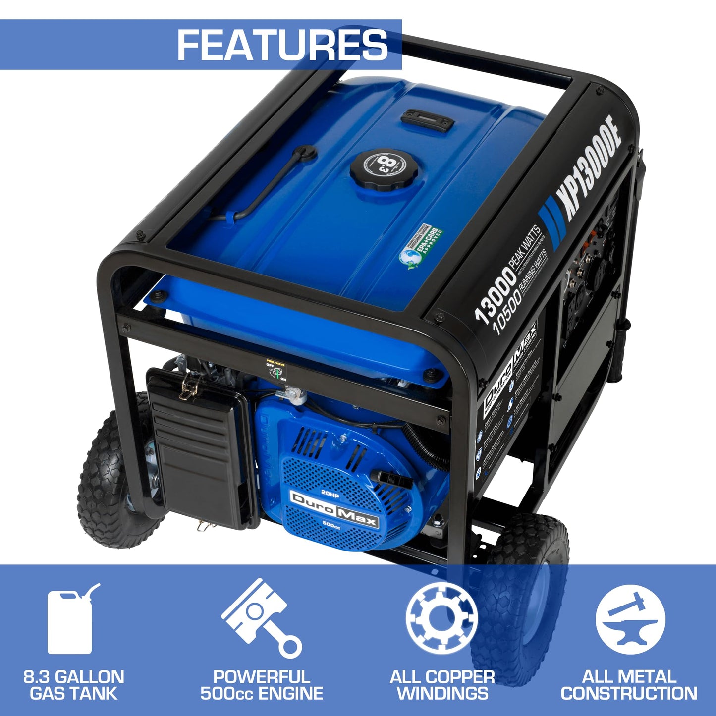 DuroMax XP13000EH 13,000-Watt Dual Fuel Portable Generator - Gas & Propane, Electric Start, Whole Home Backup Power, Transfer Switch Ready, RV & Emergency Ready