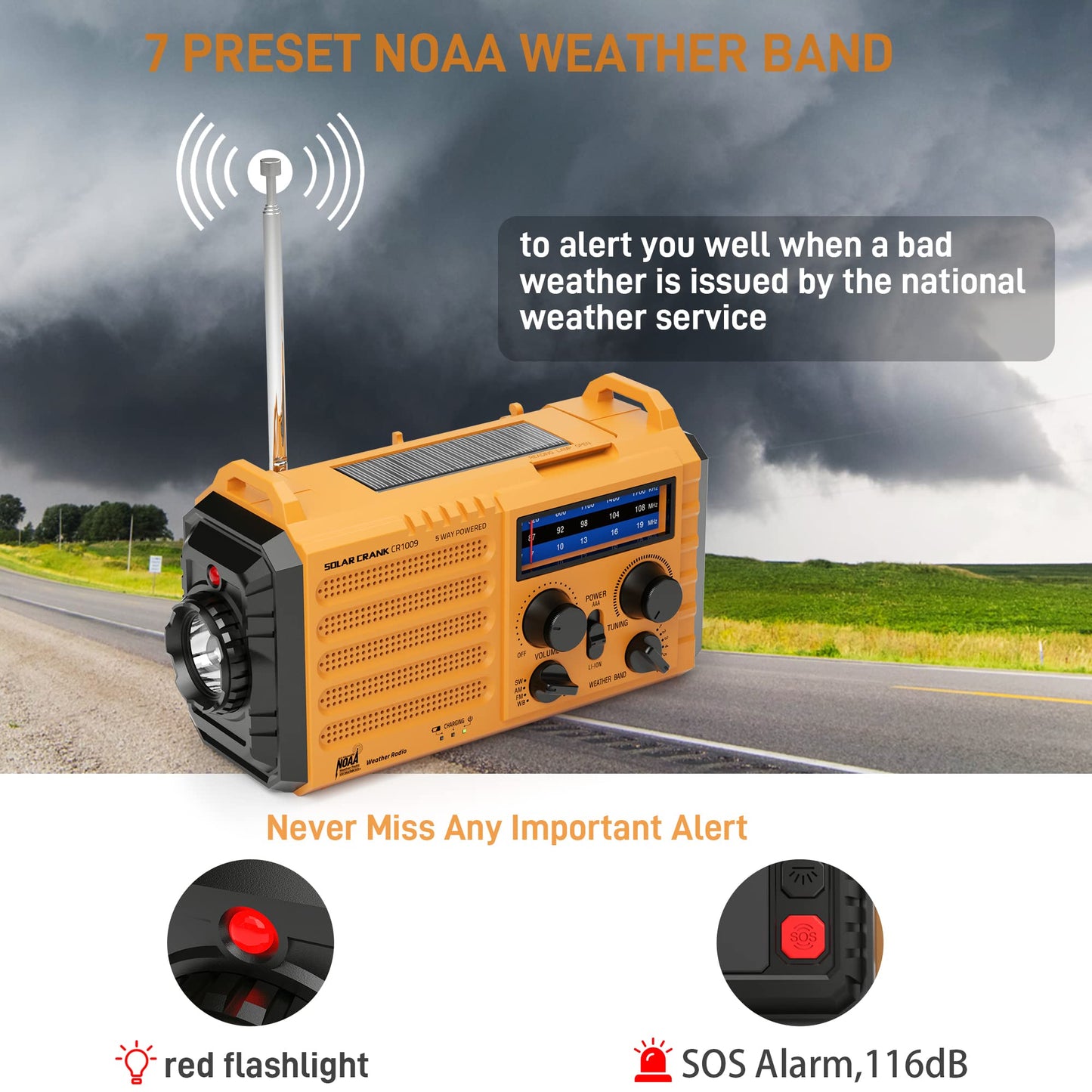 Auto NOAA Emergency Weather Radio, Solar Hand Crank Radio,Portable Battery Operated Emergency Radio with AM FM Shortwave,USB Charger,LED Flashlight,Clock, SOS Alert for Home Outdoors Camping Survival