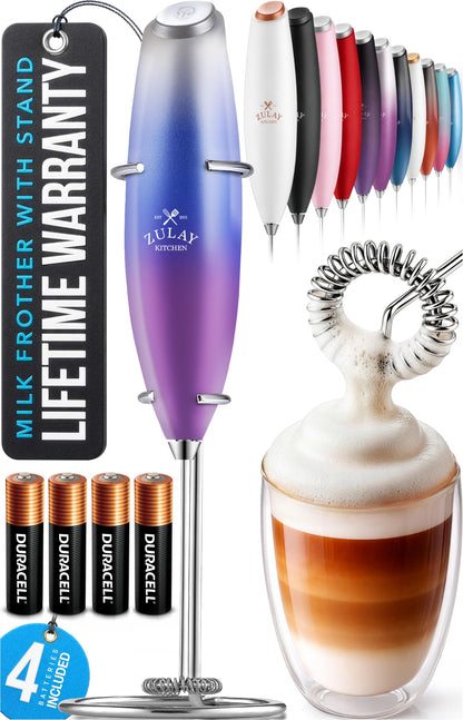 Zulay Kitchen Powerful Milk Frother Wand With 2 Duracell Batteries - Ultra Fast Handheld Drink Mixer - Electric Whisk Foam Maker for Coffee, Lattes, Cappuccino, Matcha, Hot Chocolate & Creamer - Black