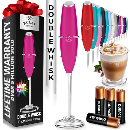 Zulay Kitchen Powerful Milk Frother Wand With 2 Duracell Batteries - Ultra Fast Handheld Drink Mixer - Electric Whisk Foam Maker for Coffee, Lattes, Cappuccino, Matcha, Hot Chocolate & Creamer - Black
