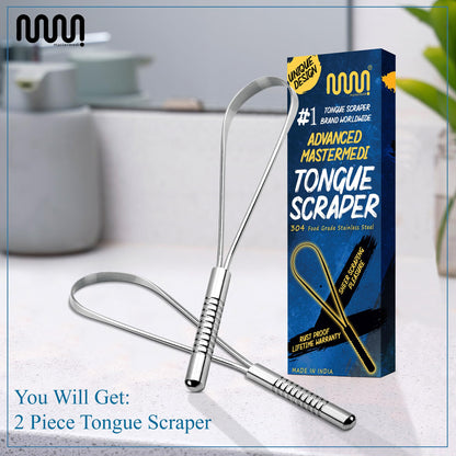 MasterMedi Tongue Scraper for Adults with Multicolor Travel Cases (2 Pack), 100% Stainless Steel, Reduce Bad Breath, Tongue Scrubber, Easy to Use, Tongue Cleaner for Oral Care & Hygiene