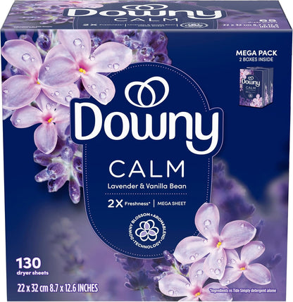 Downy CALM, Mega Dryer Sheets, Laundry Fabric Softener, Lavender and Vanilla Bean, 130 Count