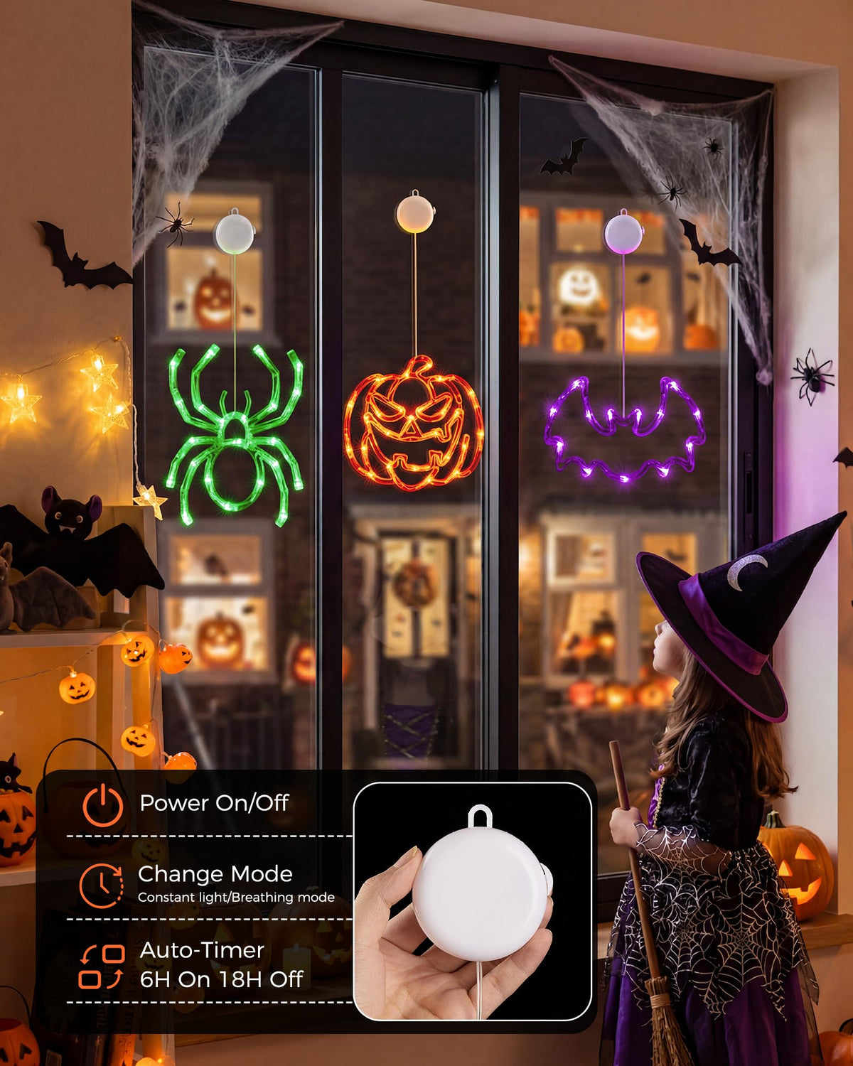 Minetom 3 Pack Halloween Windows Lights - Pumpkin, Ghost, Hat with Timer