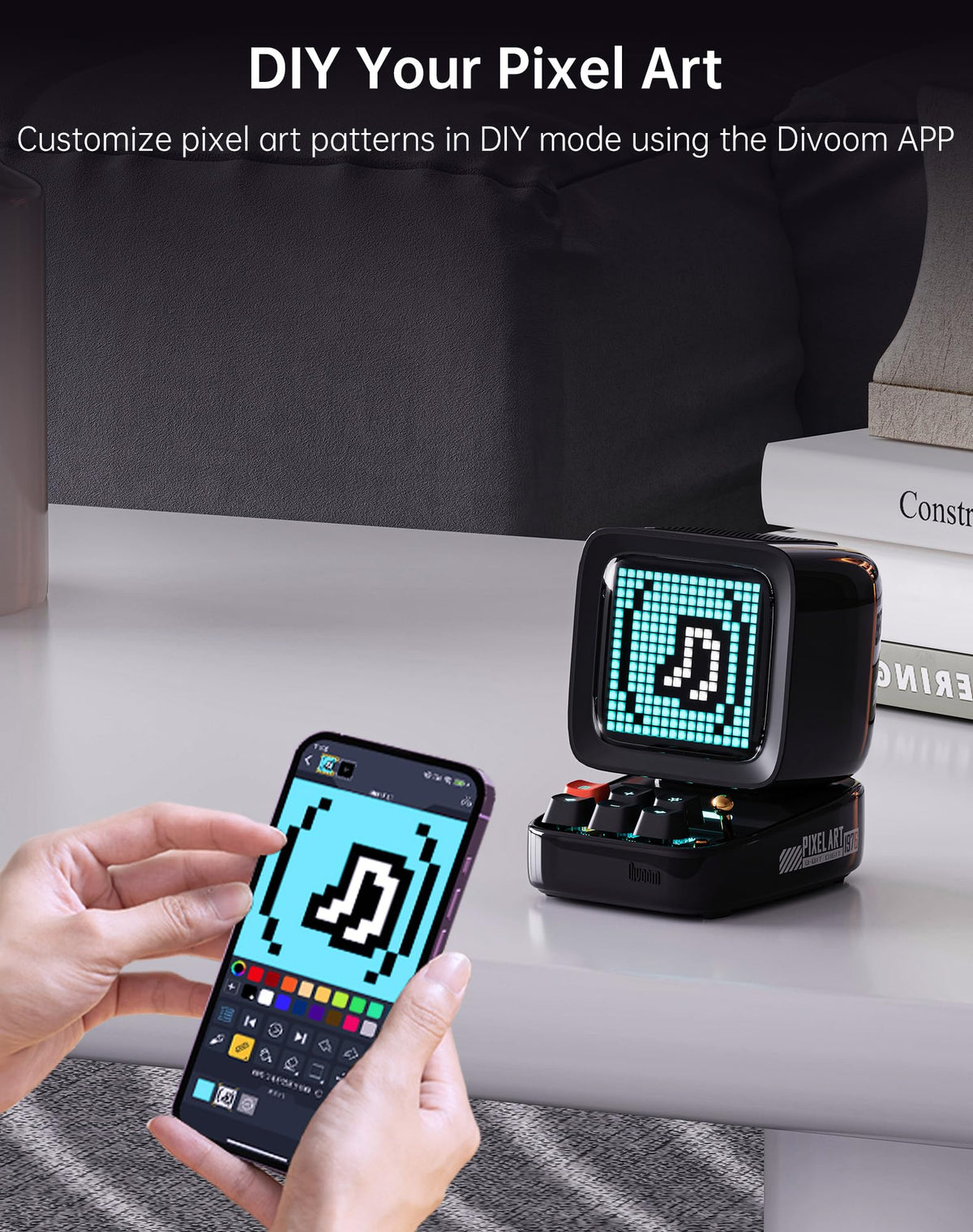 Divoom Ditoo Retro Pixel Art 15W Bluetooth Speaker,Cute Speaker with Alarm,White Noise & Mini Games,Iconic Desk Setup Speaker with 16X16 LED App Controlled Front Screen,Gifts for Anyone (Pink)