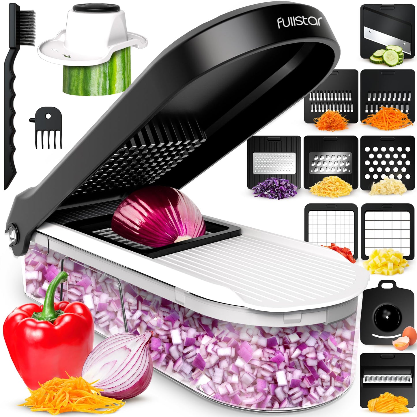 Fullstar Mandoline Slicer for Kitchen - Vegetable Chopper, Onion Potato Food Veggie Fruit Slicer and Cutter with Container, Kitchen Gadgets & Gifts, Home Essentials (10-in-1, White/Black)