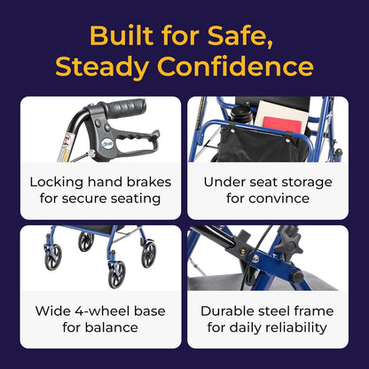 Drive Medical 10257BL-1 4 Wheel Rollator Walker With Seat, Steel Rolling Walker, Height Adjustable, 7.5" Wheels, Removable Back Support, 300 Pound Weight Capacity, Blue