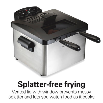 Hamilton Beach Electric Deep Fryer with Lid 4.5 Liters / 19 Cups Oil Capacity, Temperature Control, View Window, Professional Style, 1800 Watts, Three Frying Baskets, Stainless Steel