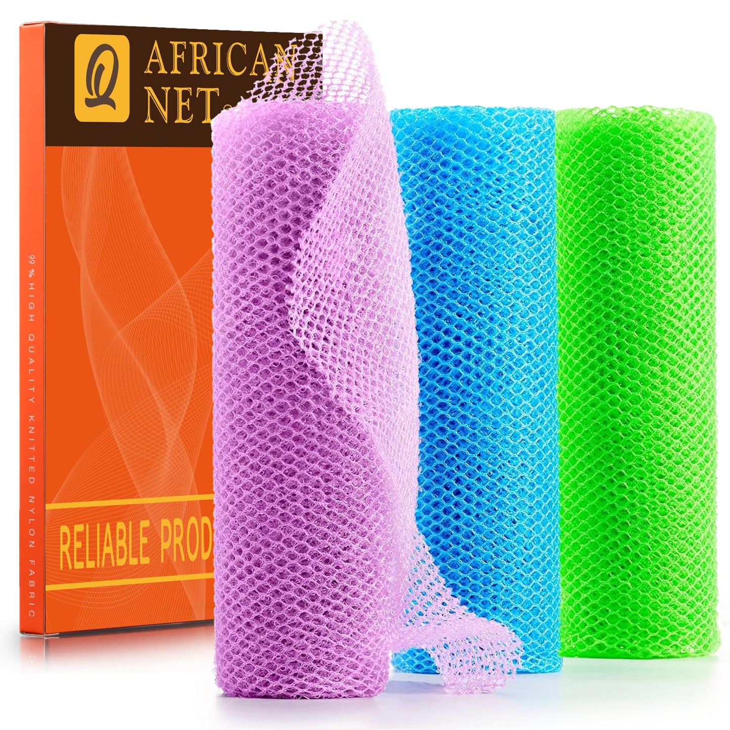 UJFQBH 3 Pieces African Bath Sponge African Net Long Net Bath Sponge Exfoliating Shower Body Scrubber Back Scrubber Skin Smoother,Great for Daily Use (Pink,Yellow,Purple)