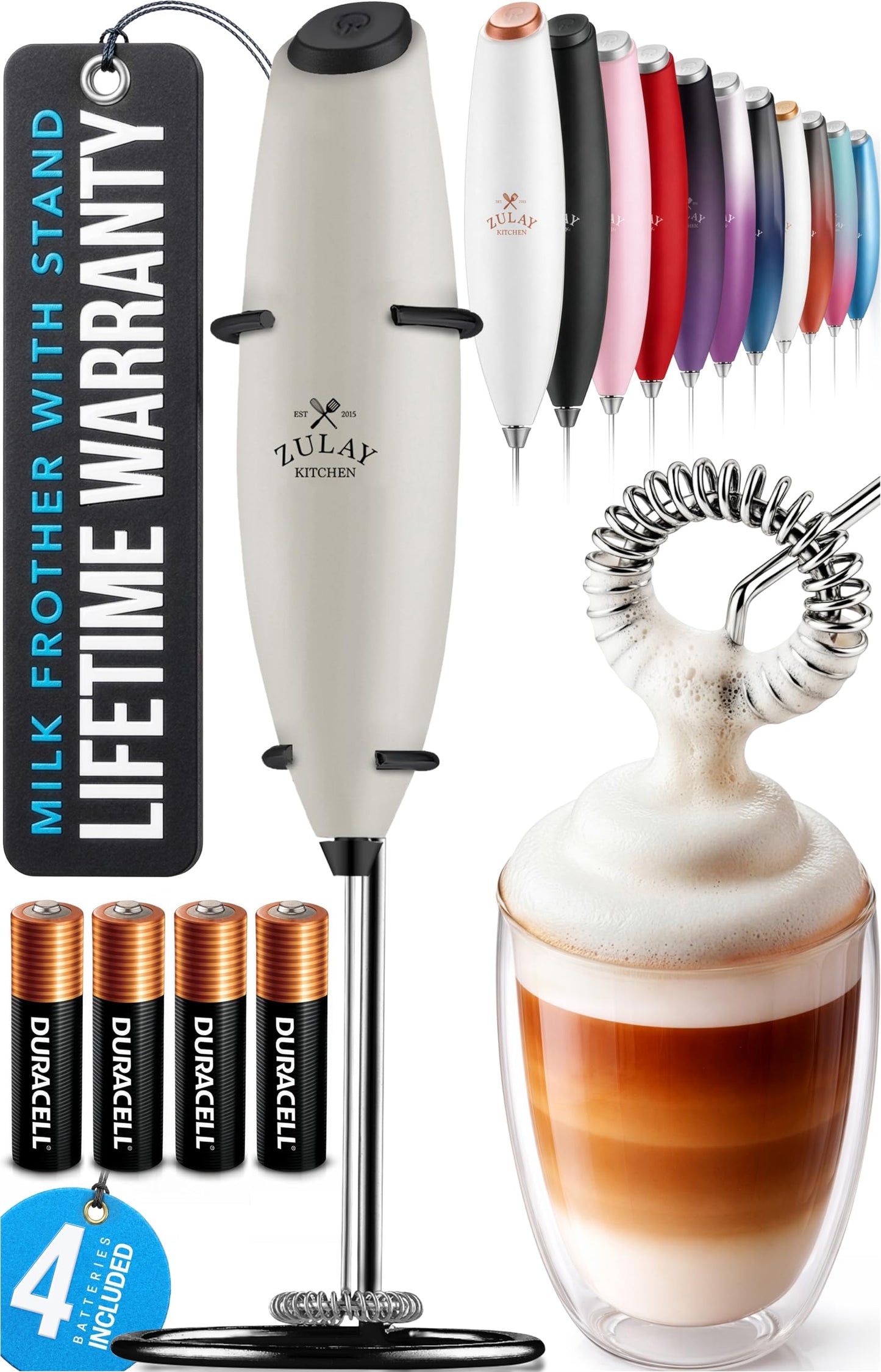 Zulay Kitchen Powerful Milk Frother Wand With 2 Duracell Batteries - Ultra Fast Handheld Drink Mixer - Electric Whisk Foam Maker for Coffee, Lattes, Cappuccino, Matcha, Hot Chocolate & Creamer - Black