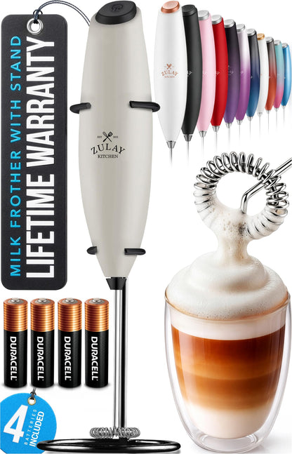 Zulay Kitchen Powerful Milk Frother Wand With 2 Duracell Batteries - Ultra Fast Handheld Drink Mixer - Electric Whisk Foam Maker for Coffee, Lattes, Cappuccino, Matcha, Hot Chocolate & Creamer - Black