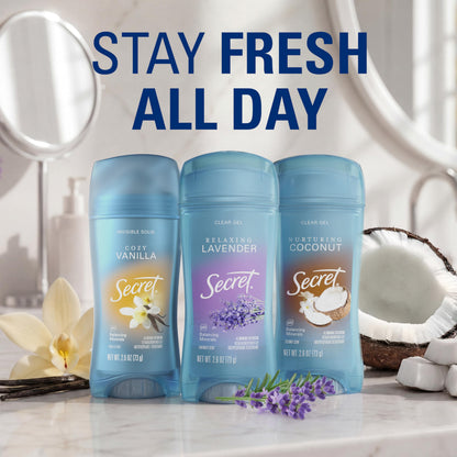 Secret Fresh Antiperspirant Deodorant for Women, 72hr Breathable Sweat & Odor Protection, Instant Freshness & Gentle, PH Balancing Minerals, Clear Gel, Relaxing Lavender Scent, 2.6 oz