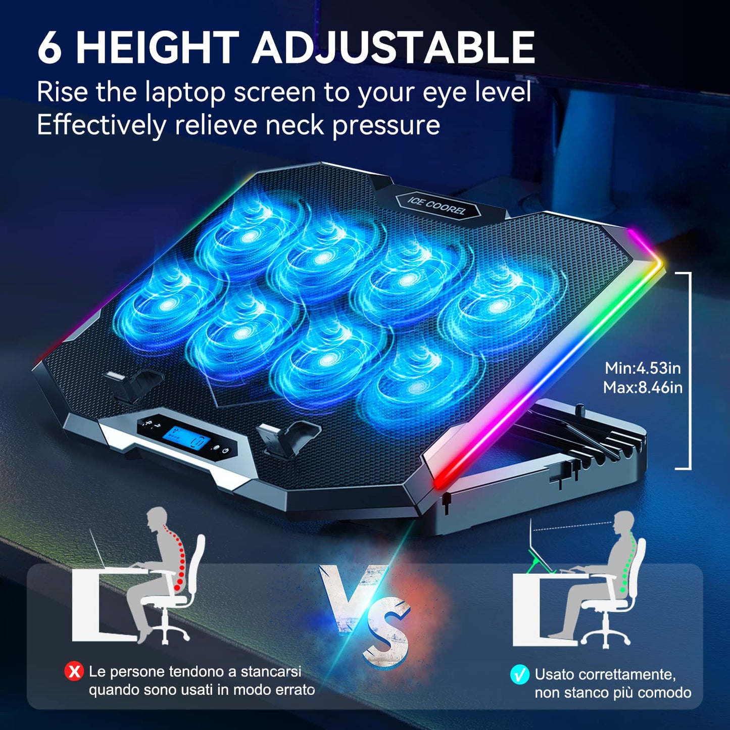 ICE COOREL Gaming Laptop Cooling Pad 15-17.3 Inch, Laptop Fan with 6 RGB Cooling Fans, Laptop Cooling Stand with 6 Height Adjustable, Laptop Cooler with LCD Screen, 2 USB Ports, Phone Stand