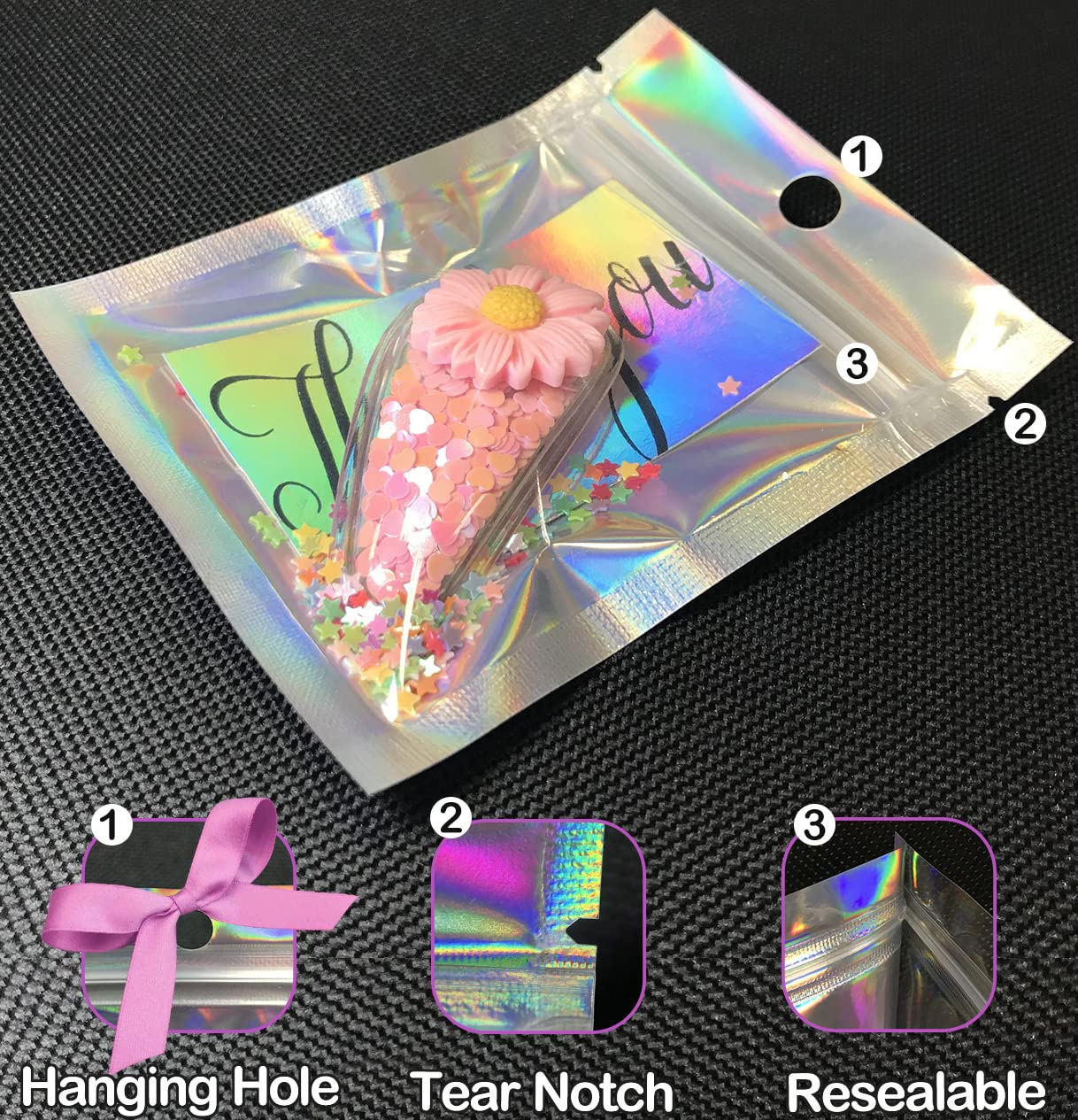 Smell Proof Bags & Resealable Foil Pouch Mylar Sample Bag Great for Party Favor Food Storage (Holographic Color) (50pcs-6x9 inch)