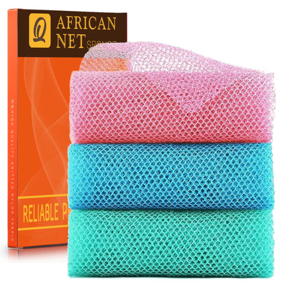 UJFQBH 3 Pieces African Bath Sponge African Net Long Net Bath Sponge Exfoliating Shower Body Scrubber Back Scrubber Skin Smoother,Great for Daily Use (Pink,Yellow,Purple)