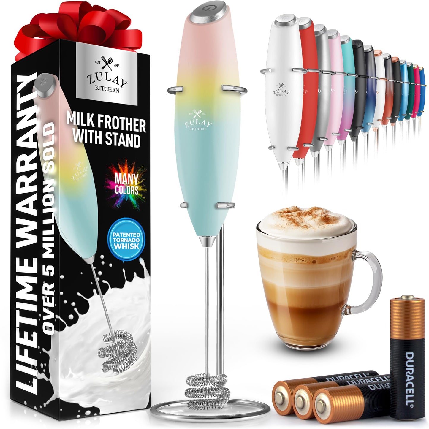 Zulay Kitchen Powerful Milk Frother Wand With 2 Duracell Batteries - Ultra Fast Handheld Drink Mixer - Electric Whisk Foam Maker for Coffee, Lattes, Cappuccino, Matcha, Hot Chocolate & Creamer - Black