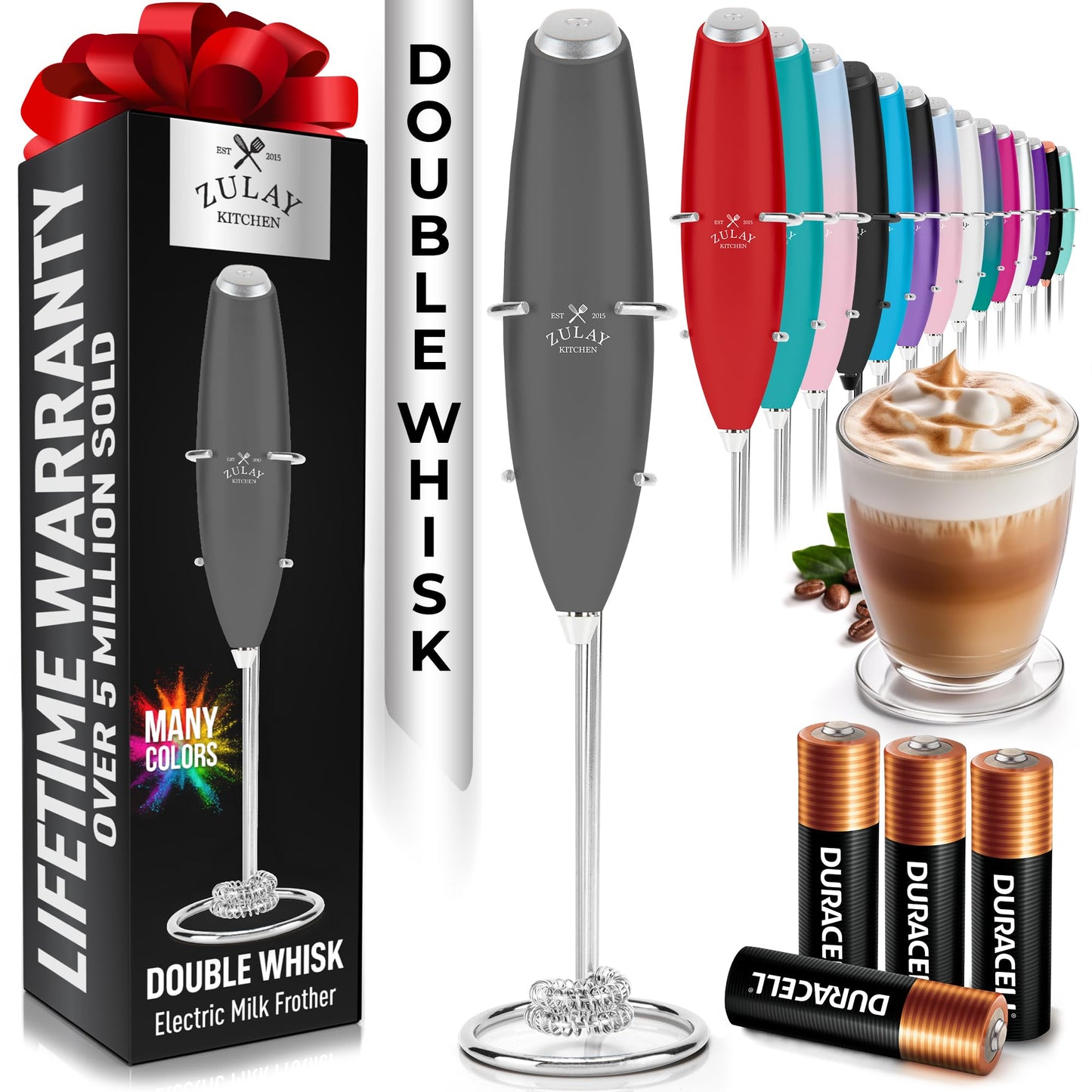 Zulay Kitchen Powerful Milk Frother Wand With 2 Duracell Batteries - Ultra Fast Handheld Drink Mixer - Electric Whisk Foam Maker for Coffee, Lattes, Cappuccino, Matcha, Hot Chocolate & Creamer - Black