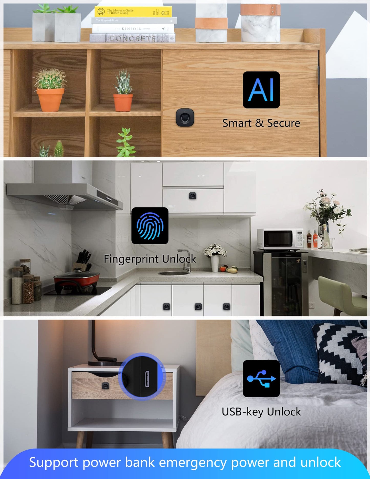 SUMNEW Bluetooth Fingerprint Cabinet Lock, Black, Biometric, 3 Ways To Unlock, USB Keys Unlock