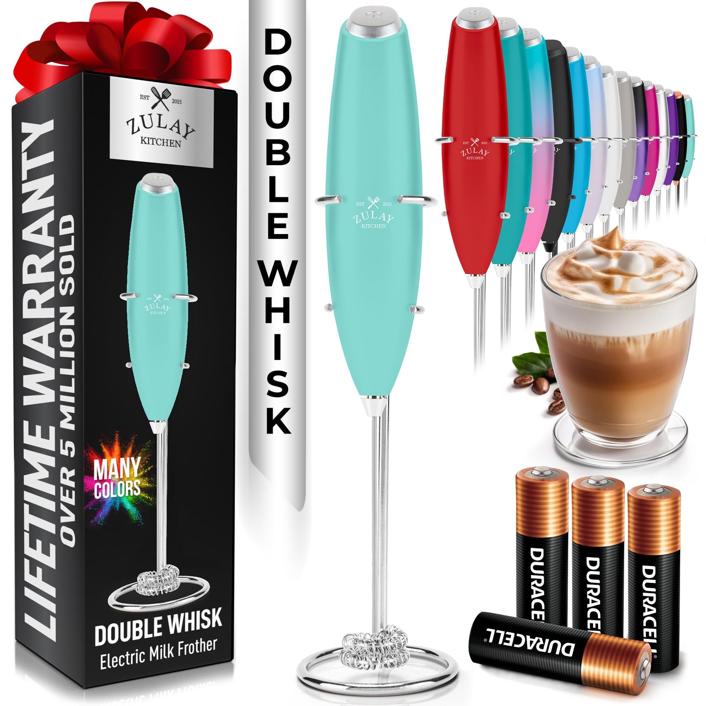Zulay Kitchen Powerful Milk Frother Wand With 2 Duracell Batteries - Ultra Fast Handheld Drink Mixer - Electric Whisk Foam Maker for Coffee, Lattes, Cappuccino, Matcha, Hot Chocolate & Creamer - Black