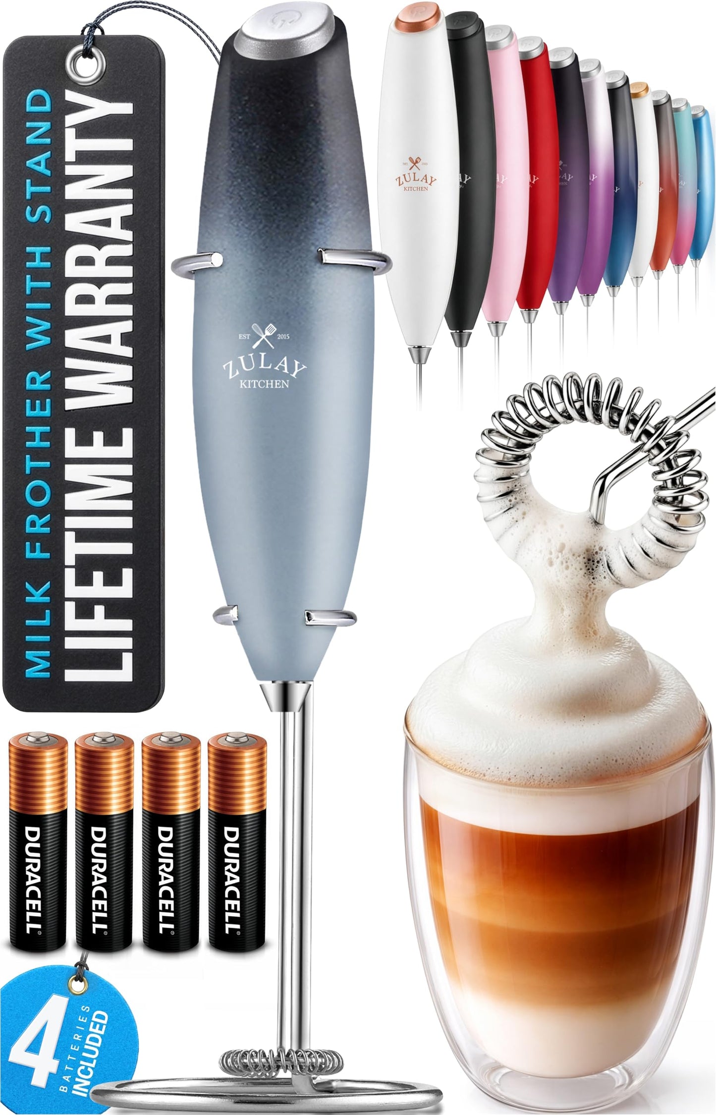 Zulay Kitchen Powerful Milk Frother Wand With 2 Duracell Batteries - Ultra Fast Handheld Drink Mixer - Electric Whisk Foam Maker for Coffee, Lattes, Cappuccino, Matcha, Hot Chocolate & Creamer - Black