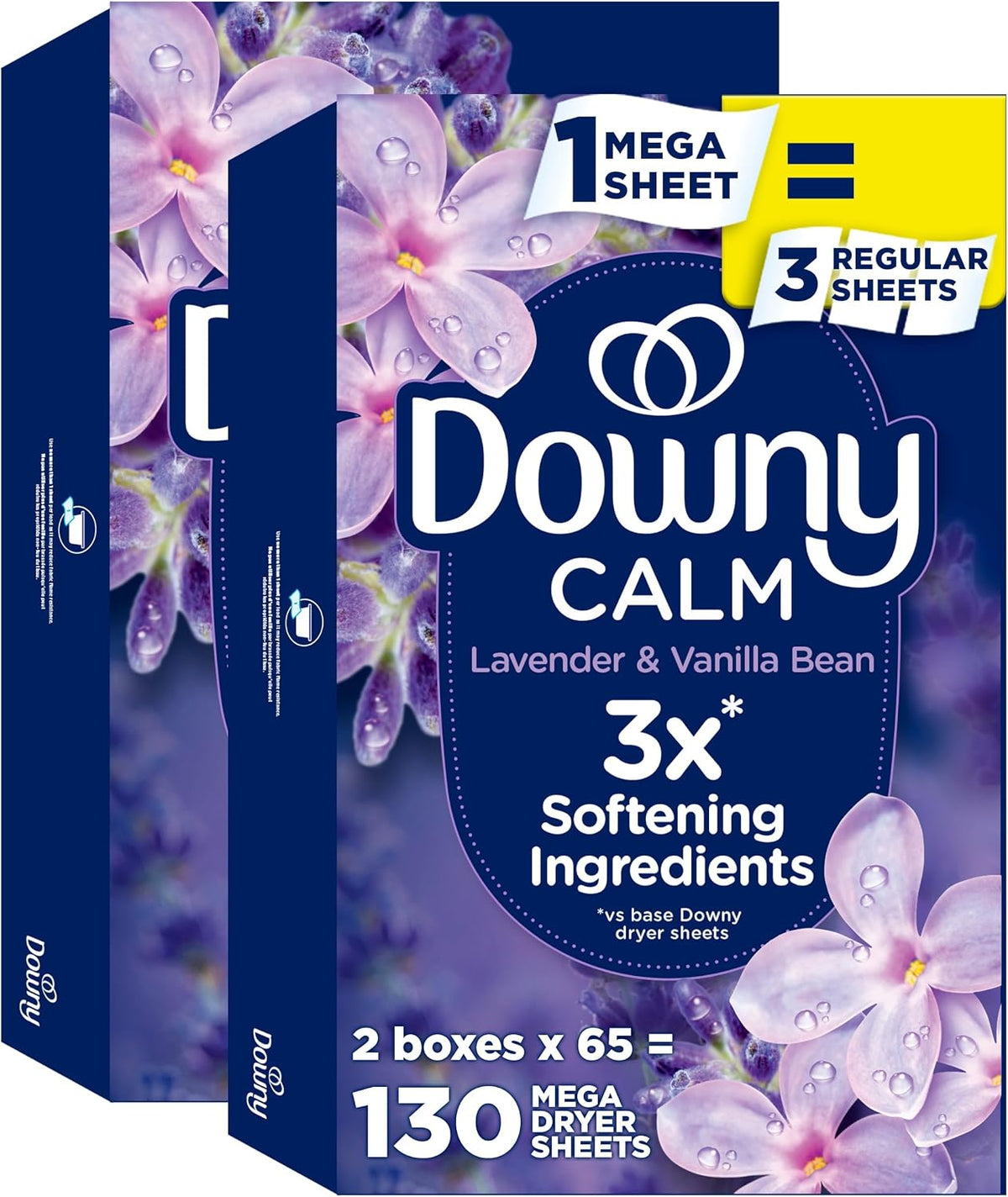 Downy CALM, Mega Dryer Sheets, Laundry Fabric Softener, Lavender and Vanilla Bean, 130 Count