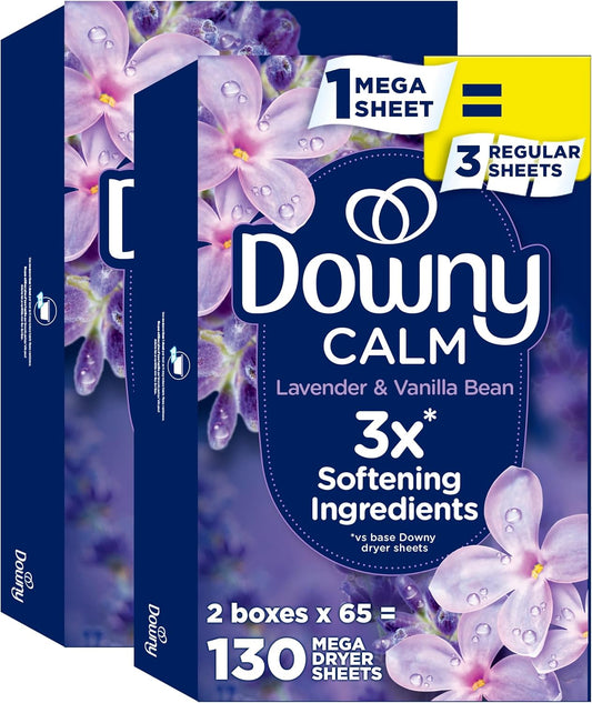 Downy CALM, Mega Dryer Sheets, Laundry Fabric Softener, Lavender and Vanilla Bean, 130 Count