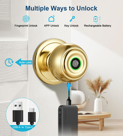 Fingerprint Door Lock, Smart Fingerprint Door Knob with Lock, Biometric Door Locks with App Control & Key, Keyless Thumbprint Entry Door Locks for Bedroom, Front Door, Home, Apartment-Silver