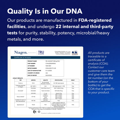 TRU NIAGEN Patented NAD+ Supplement for Anti Aging and Cell Regeneration, 300 mg Niagen, 30 Servings | Supports Cellular Energy, Brain, Muscle | Nicotinamide Riboside (NR) Take 1 Daily | 1 Bottle