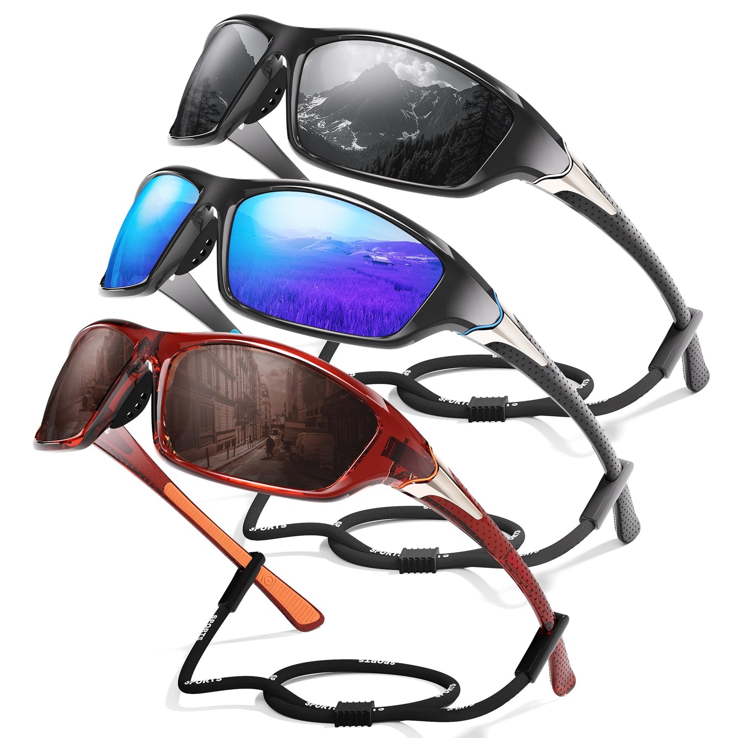 3 Pack Polarized Sports Sunglasses for Men, Mens Sunglasses Wrap Around UV400 Protection for Cycling Fishing Driving