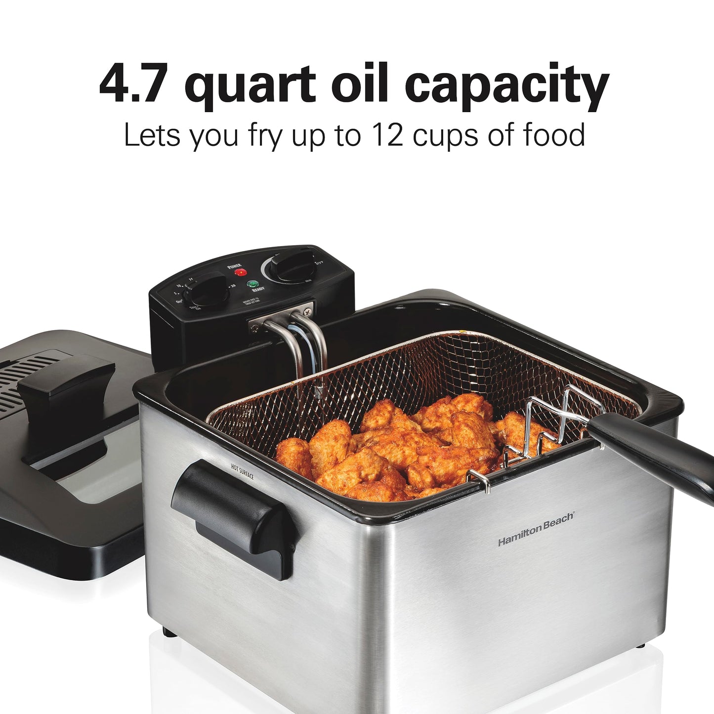 Hamilton Beach Electric Deep Fryer with Lid 4.5 Liters / 19 Cups Oil Capacity, Temperature Control, View Window, Professional Style, 1800 Watts, Three Frying Baskets, Stainless Steel