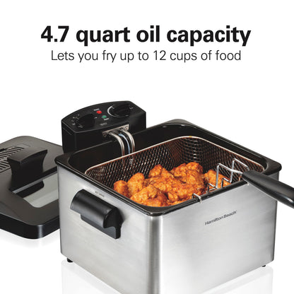 Hamilton Beach Electric Deep Fryer with Lid 4.5 Liters / 19 Cups Oil Capacity, Temperature Control, View Window, Professional Style, 1800 Watts, Three Frying Baskets, Stainless Steel