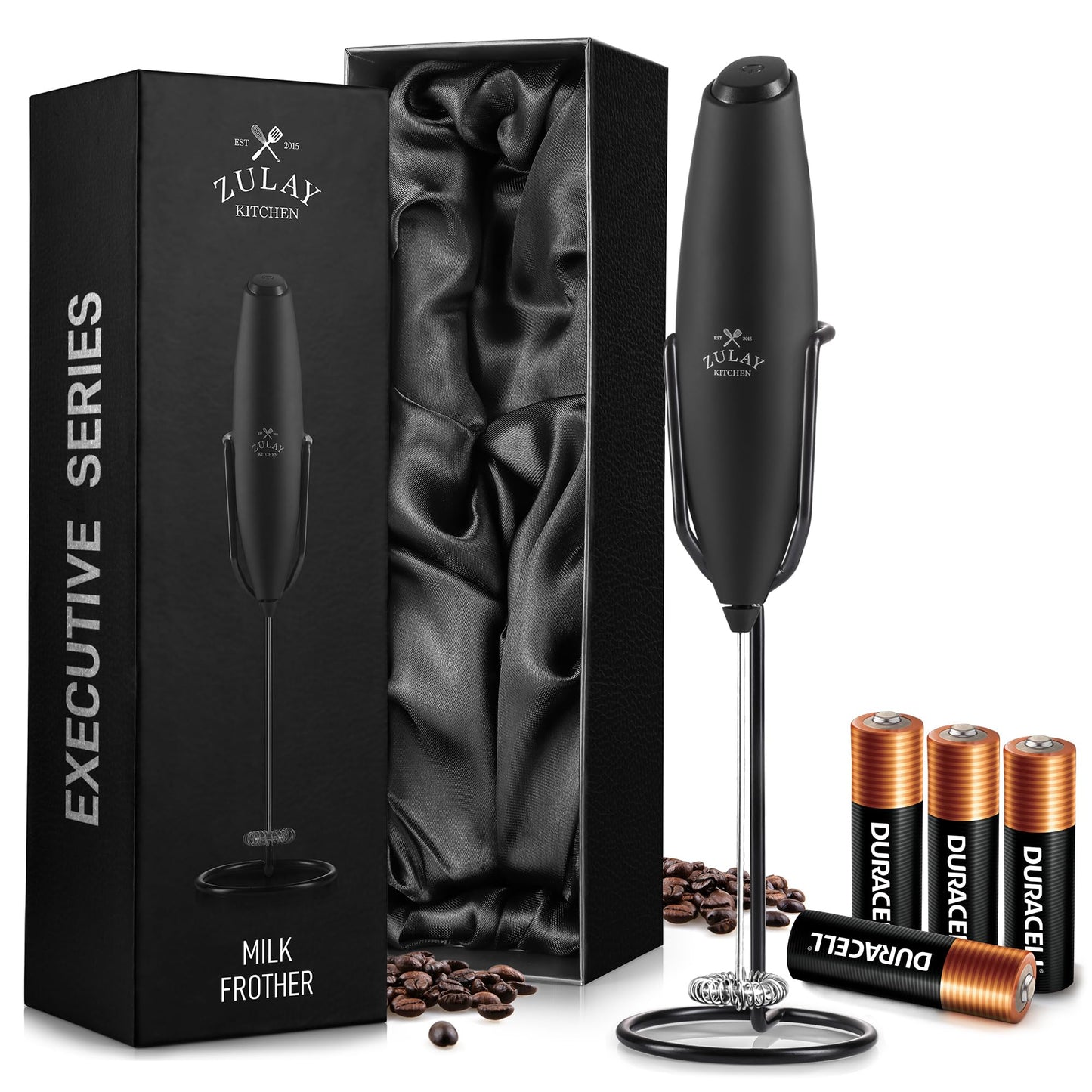 Zulay Kitchen Powerful Milk Frother Wand With 2 Duracell Batteries - Ultra Fast Handheld Drink Mixer - Electric Whisk Foam Maker for Coffee, Lattes, Cappuccino, Matcha, Hot Chocolate & Creamer - Black