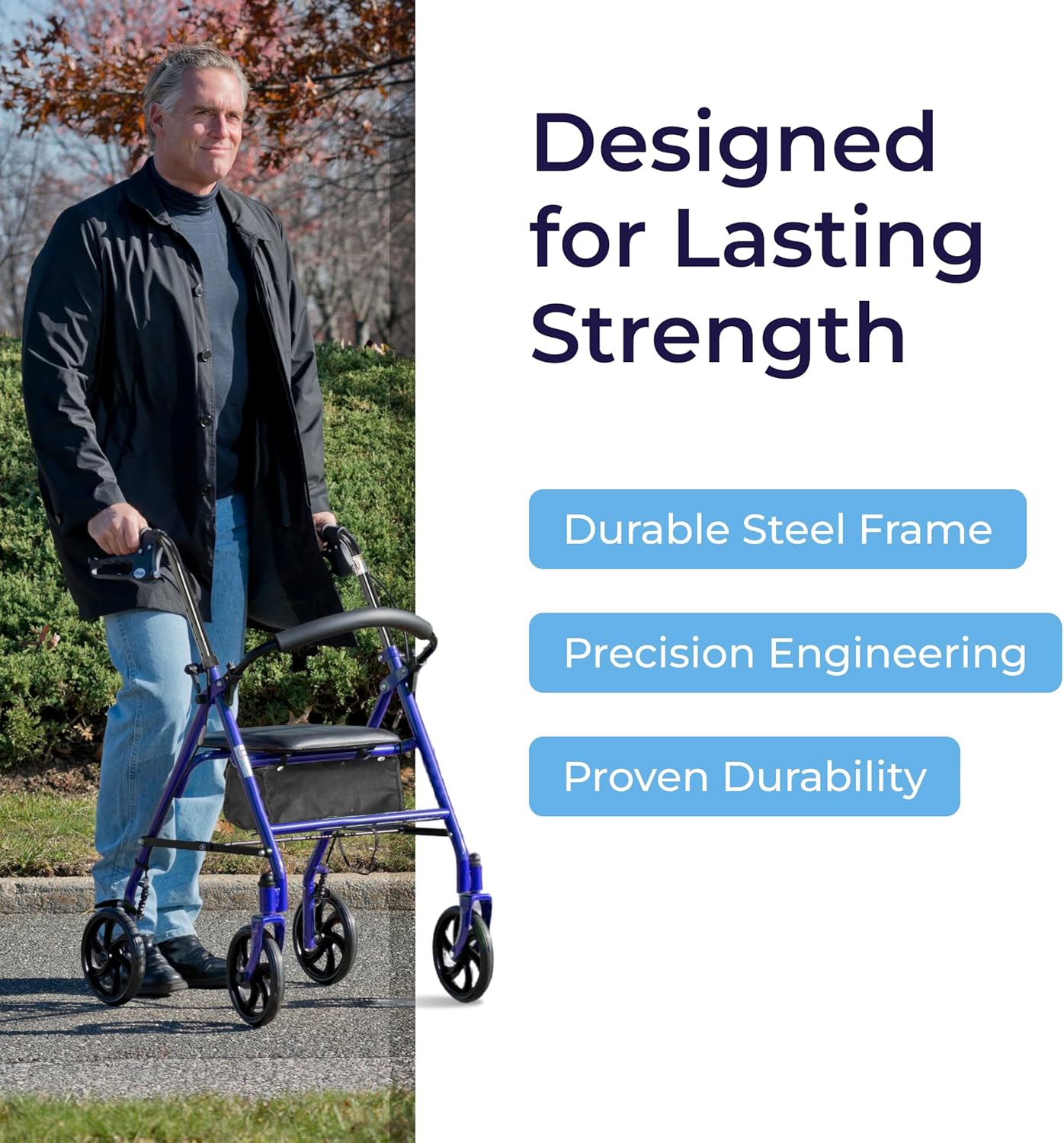 Drive Medical 10257BL-1 4 Wheel Rollator Walker With Seat, Steel Rolling Walker, Height Adjustable, 7.5" Wheels, Removable Back Support, 300 Pound Weight Capacity, Blue