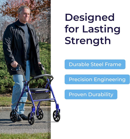 Drive Medical 10257BL-1 4 Wheel Rollator Walker With Seat, Steel Rolling Walker, Height Adjustable, 7.5" Wheels, Removable Back Support, 300 Pound Weight Capacity, Blue