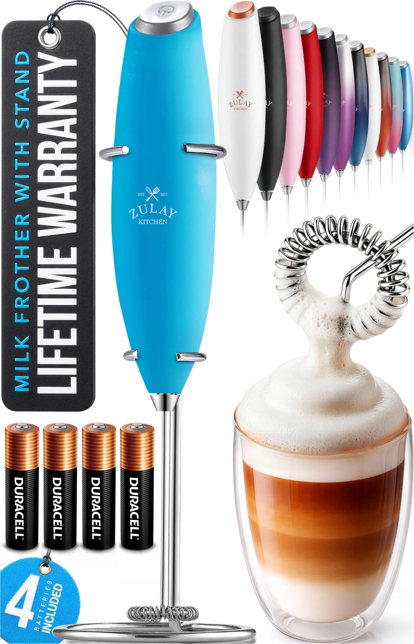 Zulay Kitchen Powerful Milk Frother Wand With 2 Duracell Batteries - Ultra Fast Handheld Drink Mixer - Electric Whisk Foam Maker for Coffee, Lattes, Cappuccino, Matcha, Hot Chocolate & Creamer - Black