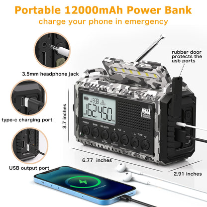 Auto NOAA Emergency Weather Radio, Solar Hand Crank Radio,Portable Battery Operated Emergency Radio with AM FM Shortwave,USB Charger,LED Flashlight,Clock, SOS Alert for Home Outdoors Camping Survival