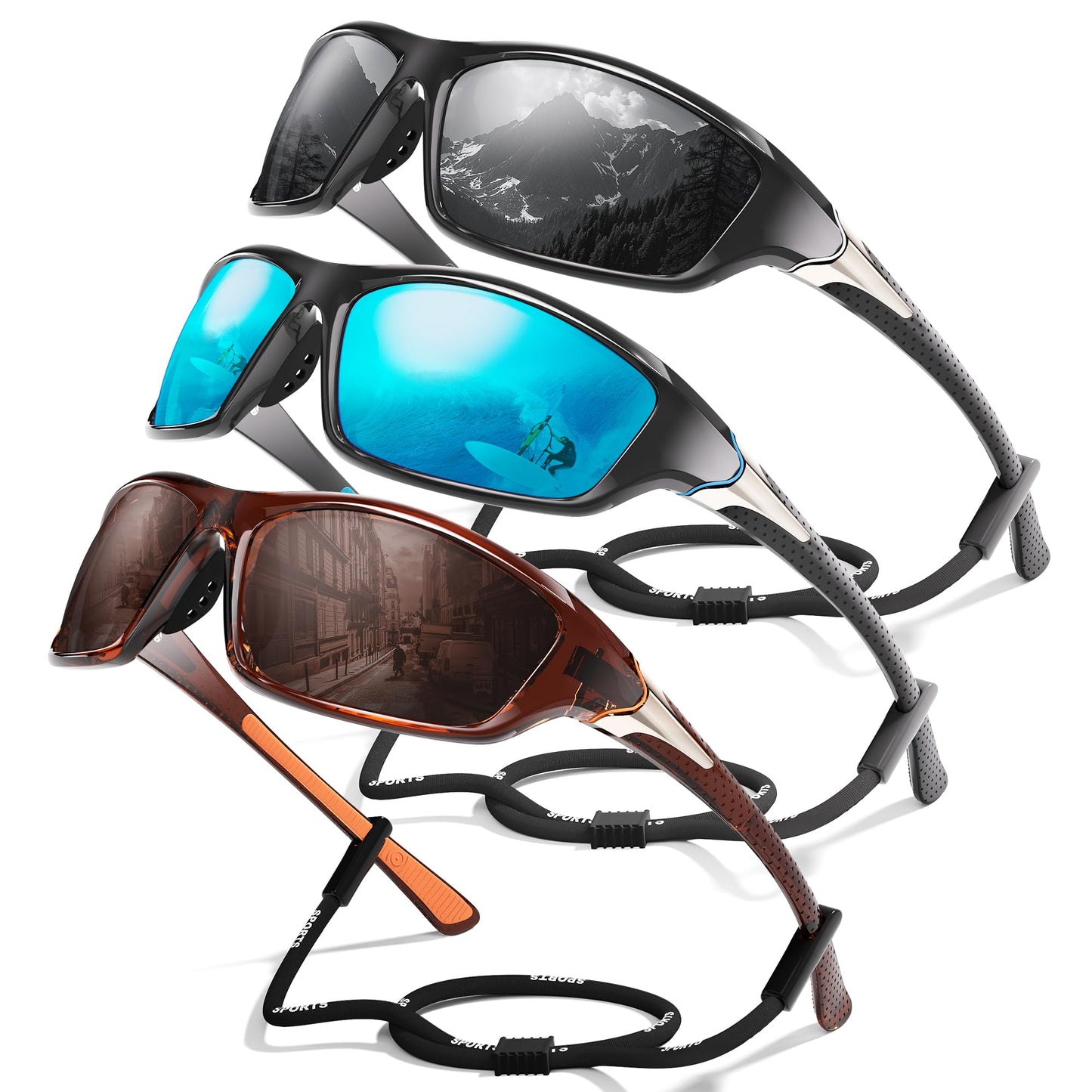 3 Pack Polarized Sports Sunglasses for Men, Mens Sunglasses Wrap Around UV400 Protection for Cycling Fishing Driving