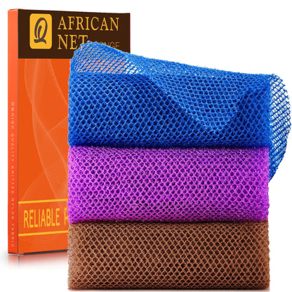 UJFQBH 3 Pieces African Bath Sponge African Net Long Net Bath Sponge Exfoliating Shower Body Scrubber Back Scrubber Skin Smoother,Great for Daily Use (Pink,Yellow,Purple)