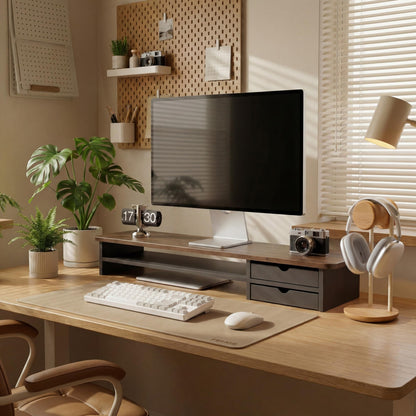 Fenge Monitor Stand, Desk Computer Riser with Frosted Storage Drawer, Oak