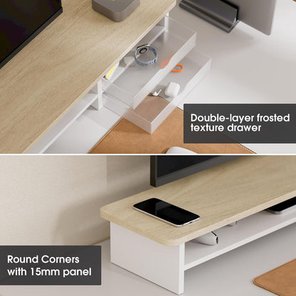 Fenge Monitor Stand, Desk Computer Riser with Frosted Storage Drawer, Oak