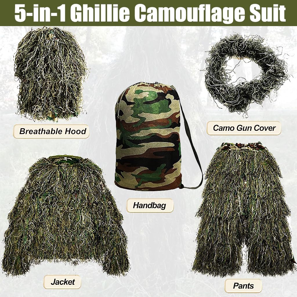 MOPHOTO 5 in 1 Ghillie Suit 3D Camouflage Hunting Suits - Jacket, Pants, Hood, Carry Bag for Adults & Youth, M/L/XL/XXL
