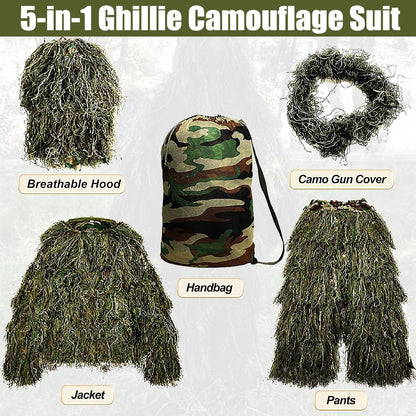 MOPHOTO 5 in 1 Ghillie Suit 3D Camouflage Hunting Suits - Jacket, Pants, Hood, Carry Bag for Adults & Youth, M/L/XL/XXL