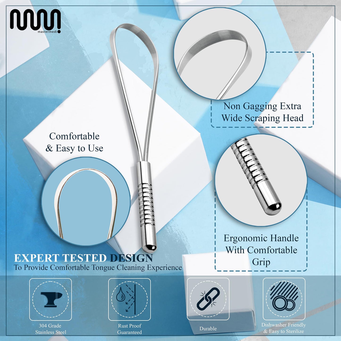 MasterMedi Tongue Scraper for Adults with Multicolor Travel Cases (2 Pack), 100% Stainless Steel, Reduce Bad Breath, Tongue Scrubber, Easy to Use, Tongue Cleaner for Oral Care & Hygiene