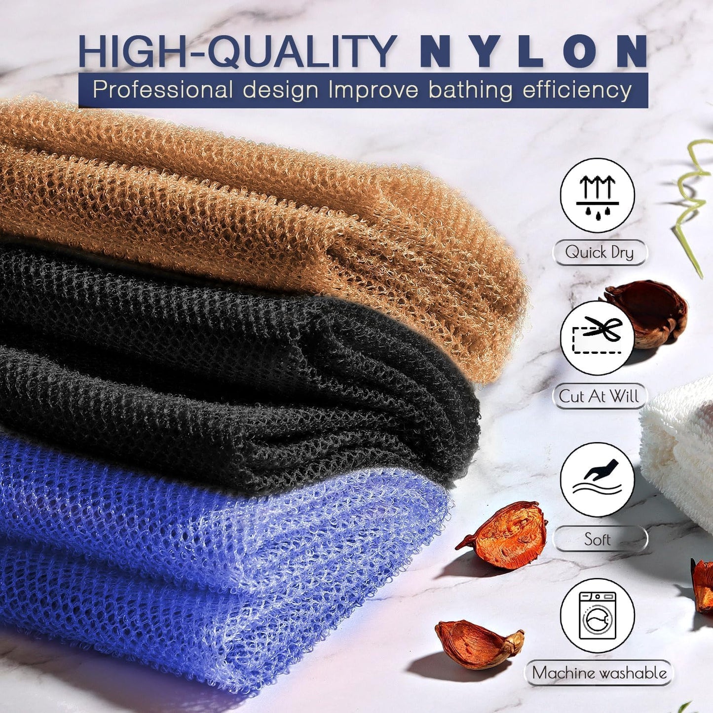 UJFQBH 3 Pieces African Bath Sponge African Net Long Net Bath Sponge Exfoliating Shower Body Scrubber Back Scrubber Skin Smoother,Great for Daily Use (Pink,Yellow,Purple)