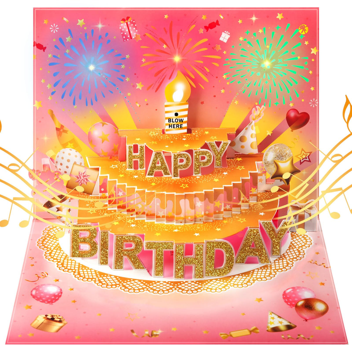 Pop Up Birthday Cards for Men, LED Light & Music Blow The Candle