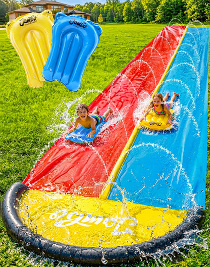JAMBO Premium Triple Water Slide with 3 Bodyboards, 20Ft Heavy Duty Slip Splash and Slides-Advanced 3-Way Sprinkler System, Splash Pad Mat Backyard Summer Outdoor Water Toys n Long Slides for Kids