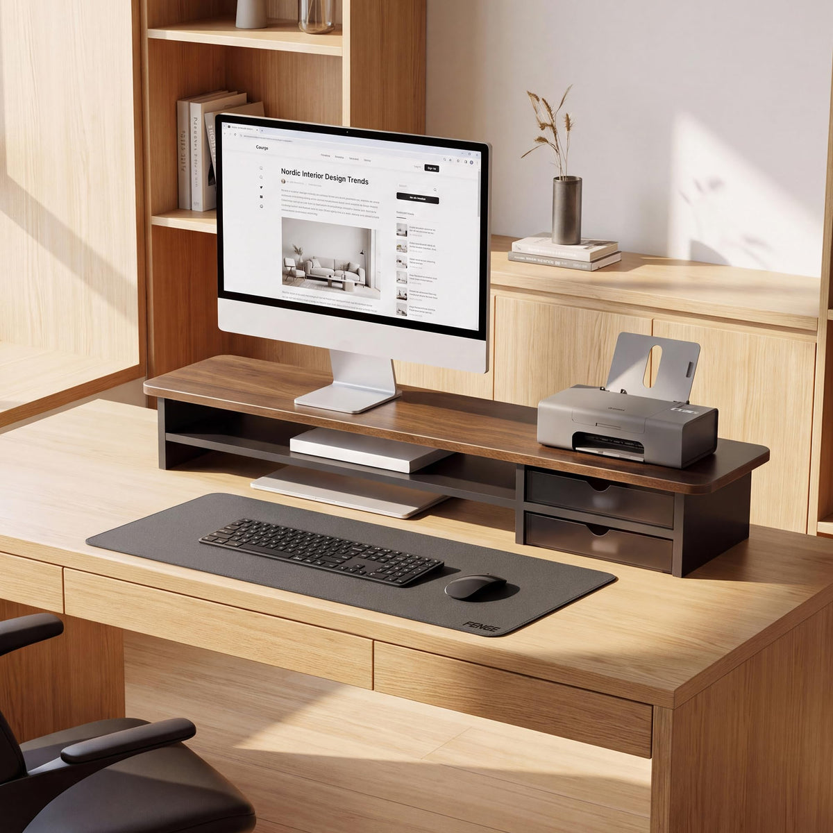 Fenge Monitor Stand, Desk Computer Riser with Frosted Storage Drawer, Oak