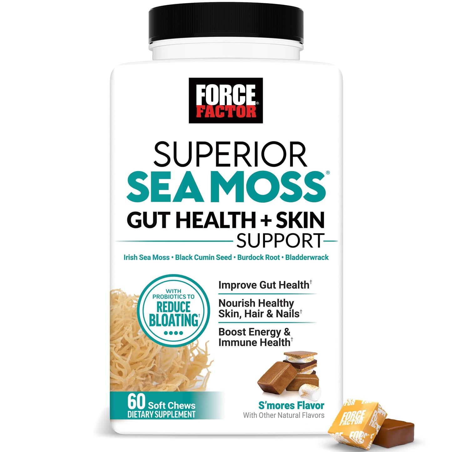 Force Factor Superior Sea Moss Gut Health + Skin Support, Support Gut Health & Healthy Skin, Hair & Nails, Boost Energy & Immune Health, with Biotin & LactoSpore Probiotics, S’Mores, 60 Soft Chews