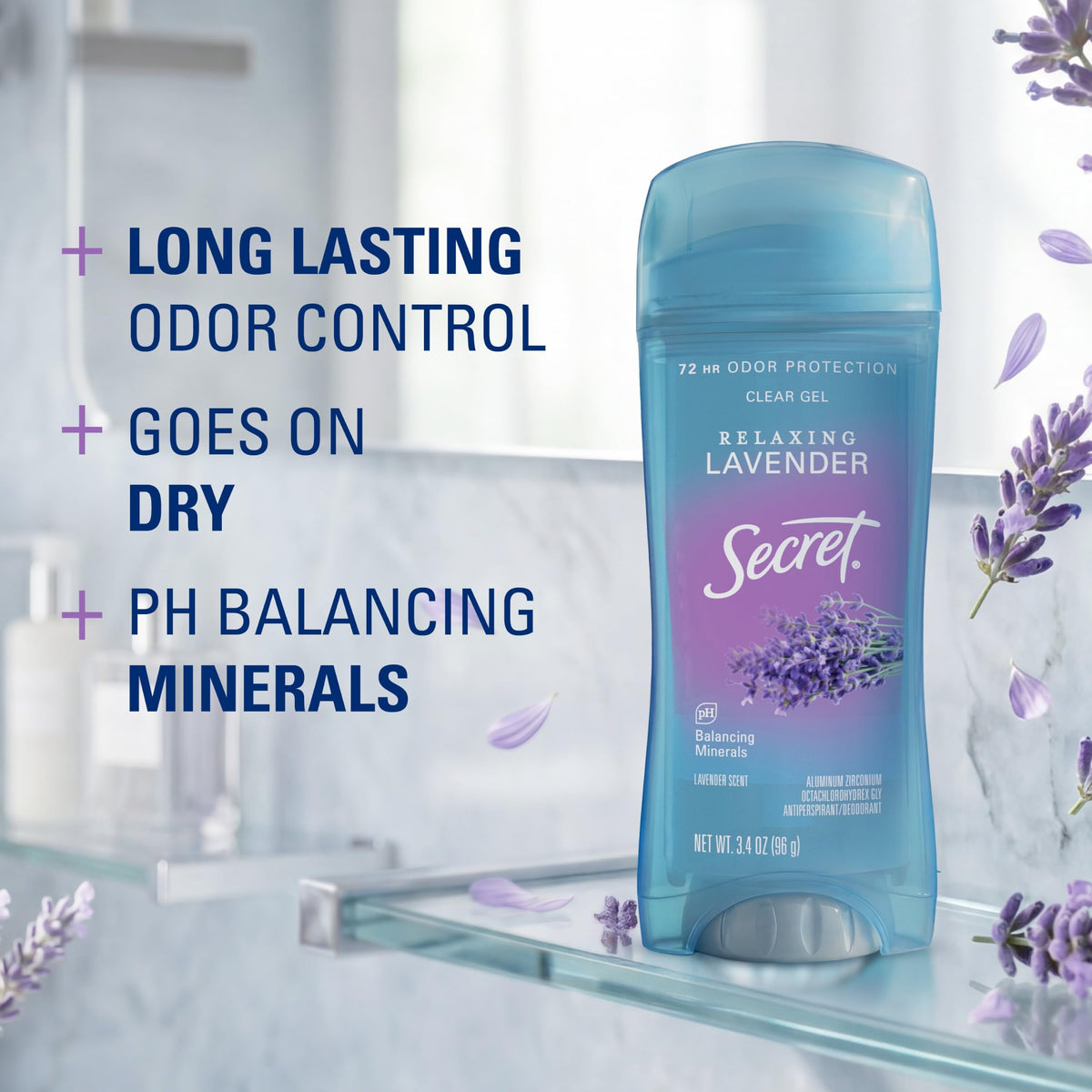 Secret Fresh Antiperspirant Deodorant for Women, 72hr Breathable Sweat & Odor Protection, Instant Freshness & Gentle, PH Balancing Minerals, Clear Gel, Relaxing Lavender Scent, 2.6 oz