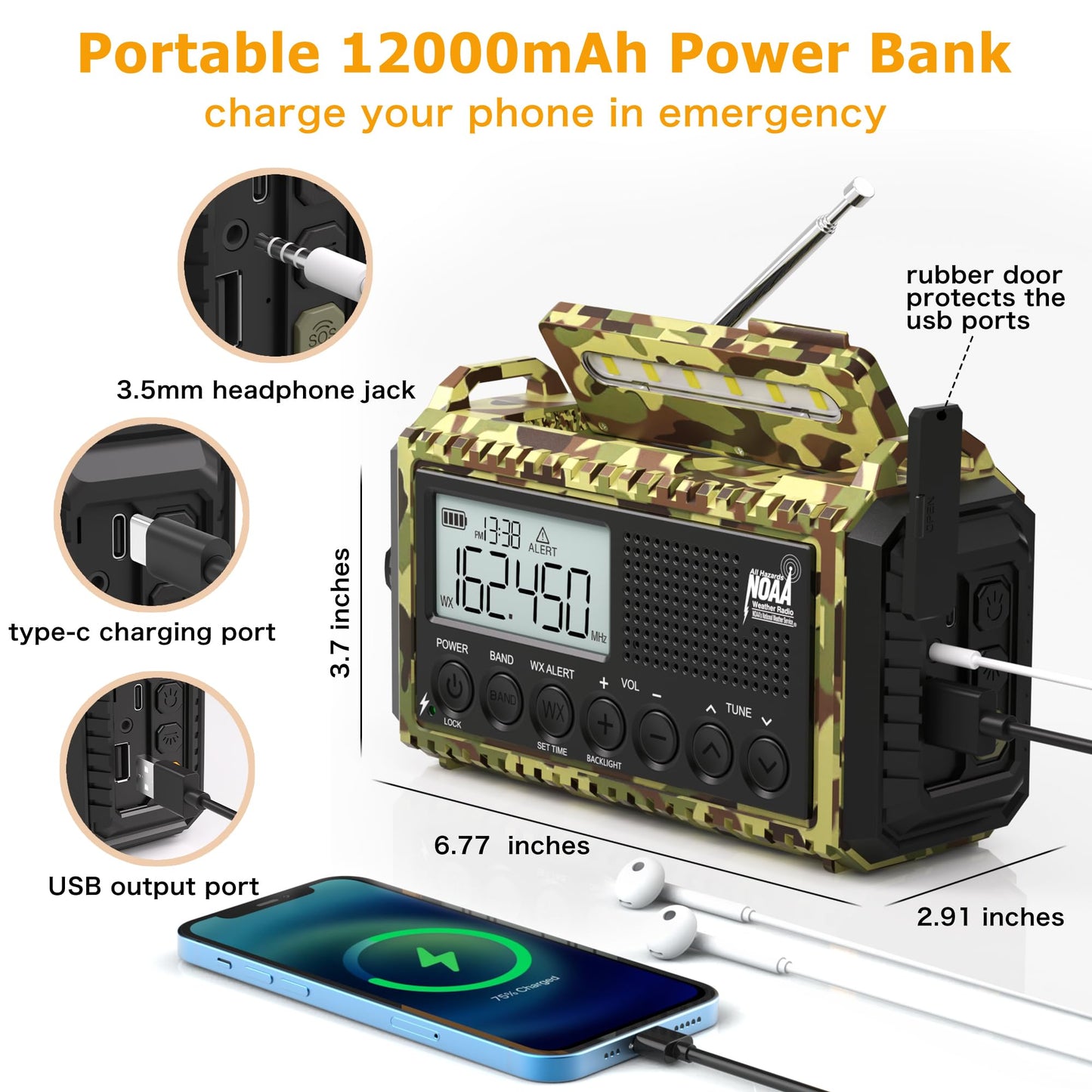 Auto NOAA Emergency Weather Radio, Solar Hand Crank Radio,Portable Battery Operated Emergency Radio with AM FM Shortwave,USB Charger,LED Flashlight,Clock, SOS Alert for Home Outdoors Camping Survival